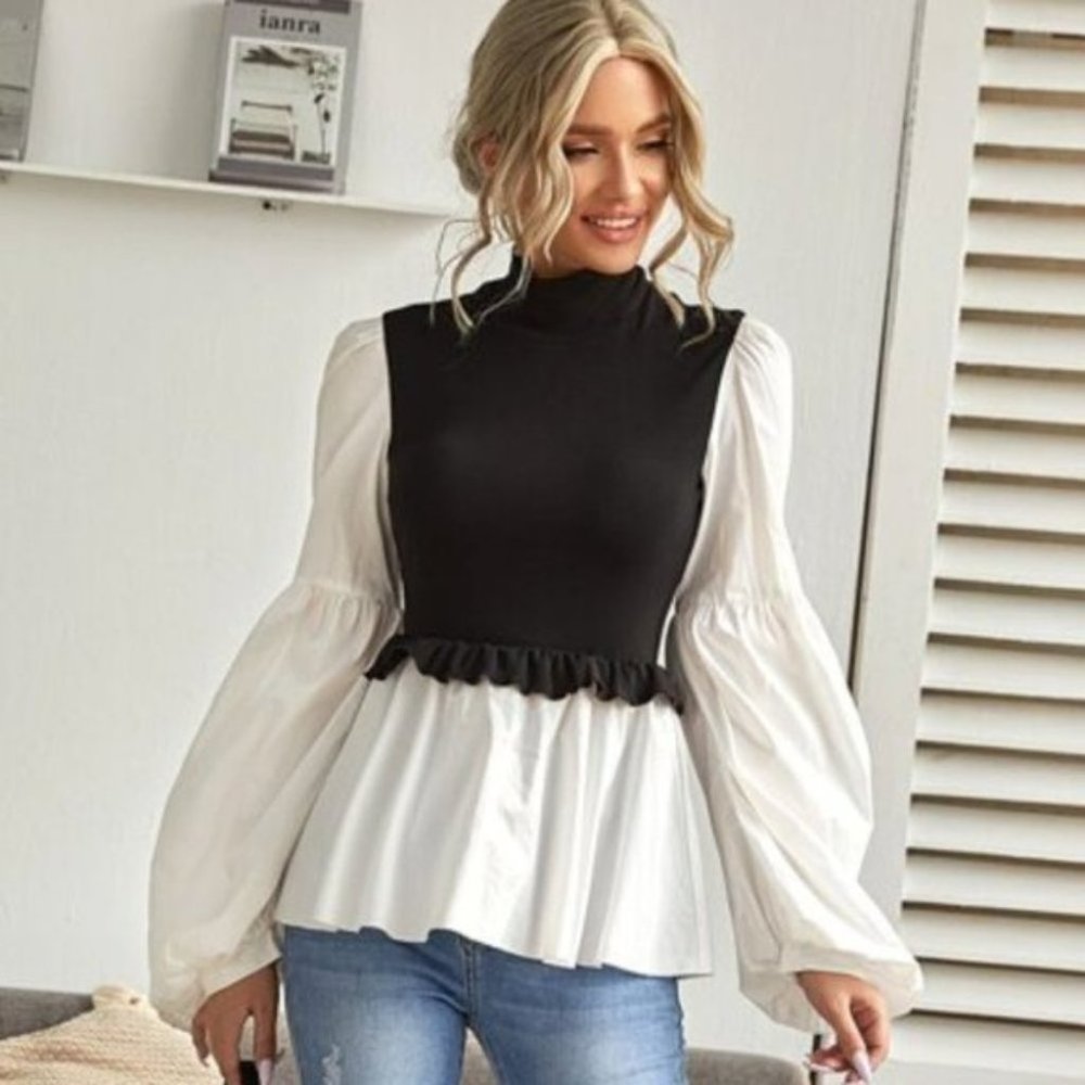 Mock Neck Lantern Sleeve Two Tone Peplum Top - Picture 4 of 7